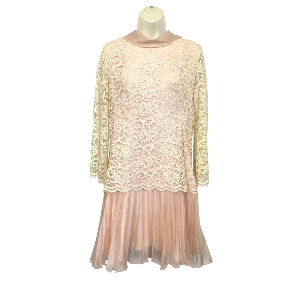 Vintage Elegant Pink and Ivory Lace Overlay Dress
